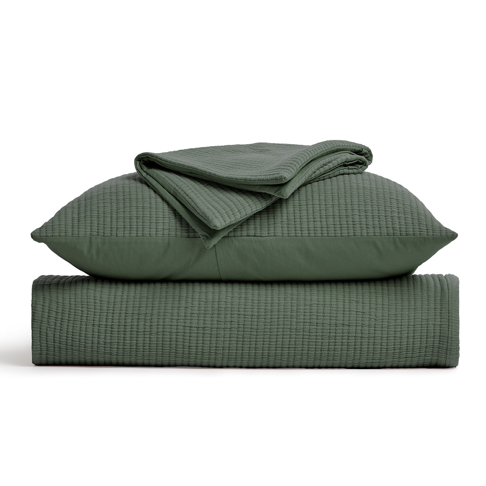 Solid Cotton Gauze Pick-stitch Matelesse Coverlet Bedspread set, Queen Quilt + 2 Queen Shams, Olive Green