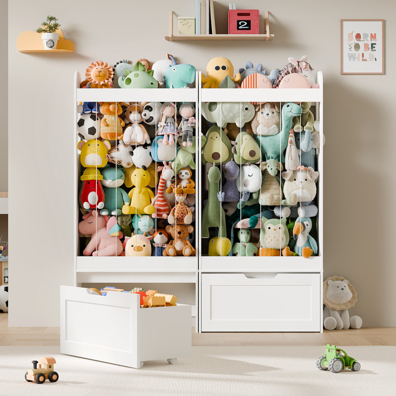 Rangement pour jouets 51,5 po, rangement pour animaux en peluche avec chevalet, armoire de rangement pour jouets avec 2 tableaux bricolage et tiroir mobile pour chambre d'enfant, salle de jeux, chambre de bébé, blanc