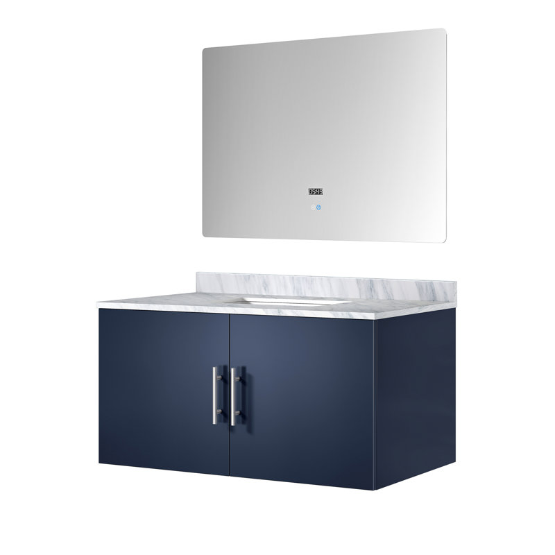 Meuble-lavabo bleu marine avec comptoir en marbre Miroir - Tiroir spacieux et durable, mécanisme de fermeture en douceur, espace de rangement, glissière