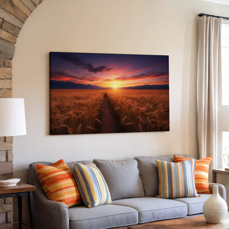 Toile, "Un paysage tranquille au coucher du soleil", art mural sur un chemin de terre sinueux, H 11 po x l 14 po
