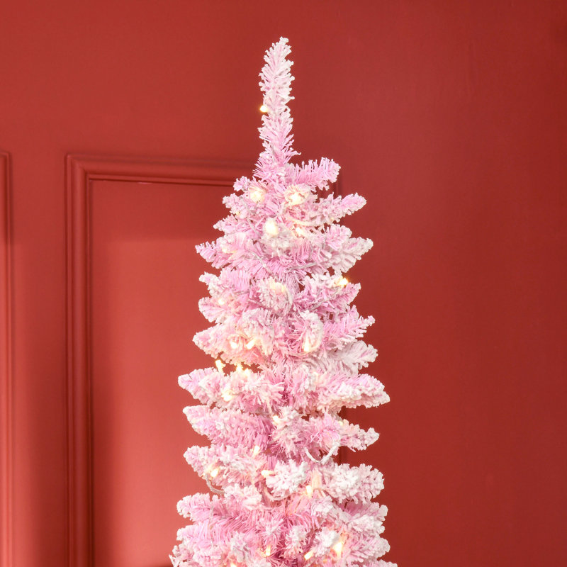 Arbre de Noël artificiel enneigé 7,5 pi avec forme de crayon, branches de pin réalistes, lumières DEL blanc chaud, ouverture automatique, rose et blanc