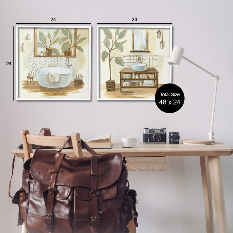 Plantes traditionnelles de salle de bain vert sauge, H 24 po x l 24 po, Estampe numérique encadrée blanc bord de mer