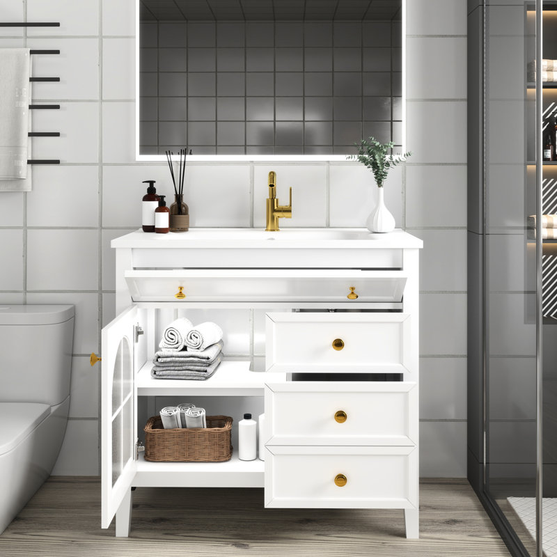 Meuble-lavabo blanc de 35,6 po de style Mid-Century avec verre antique, éclairage activé par le mouvement et beaucoup d'espace de rangement