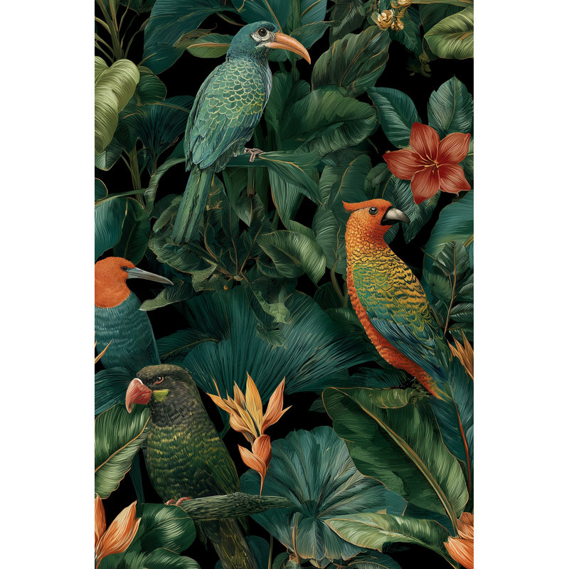 Papier peint floral tropical, oiseaux tropicaux, Peler et coller
