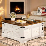 35.4" Farmhouse Lift Top Coffee Table, Square Wood Center Table With Charging Station, Rustic Lift Tabletop Dining Table with Large Hidden Compartment for Home Living Room