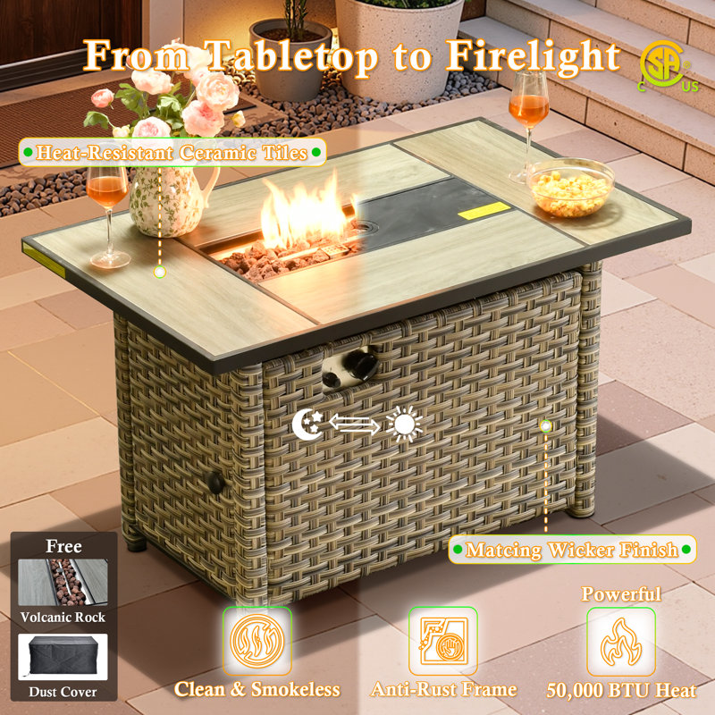 Harper 6 Pieces Patio Furniture Set With Fire Pit Table, Outdoor Wicker 3-seat Sofa With Comfy Cushion, High Back Rattan Conversation Set For Garden Backyard
