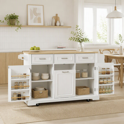 Îlot de cuisine de grande taille (64,6 po) avec rangement pour poubelle, chariot de cuisine roulant à texture en relief sur 4 roues (poubelle non incluse)
