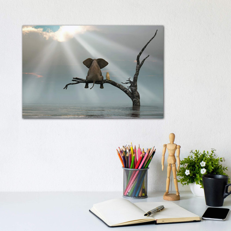 Elephant And Dog Are Sitting On A Tree Fleeing A Flood by Mike Kiev - Wrapped Canvas Print, 20.32 cm H x 30.48 cm W