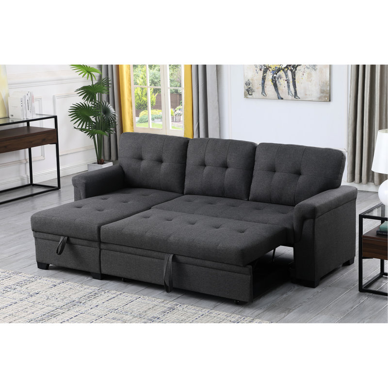Dark Gray Linen Sectional With Reversible Sleeper, Storage Chaise, Medium Firmness Plump Stitching, 54" Deep