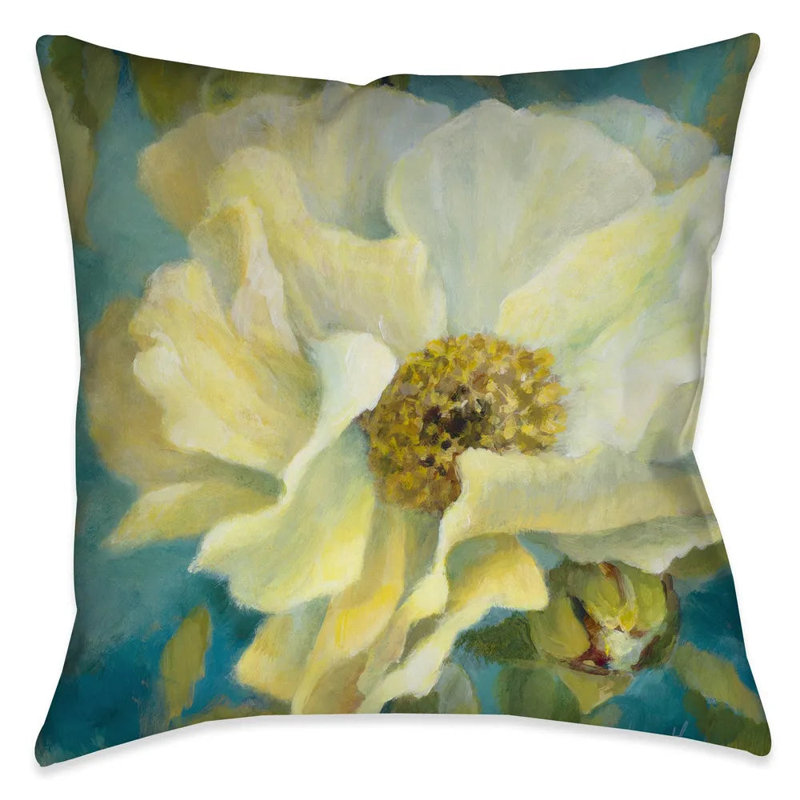 Coussin décoratif d'extérieur Gold Peony on Teal II, H 18 po x l 18 po