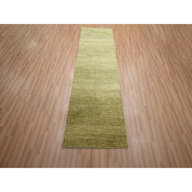 Tapis de couloir oriental brun 2 pi 8 po x 8 pi 2 po, tissage dense, motif d'herbe moderne, noué à la main, laine et soie, tapis luxuriant et moelleux