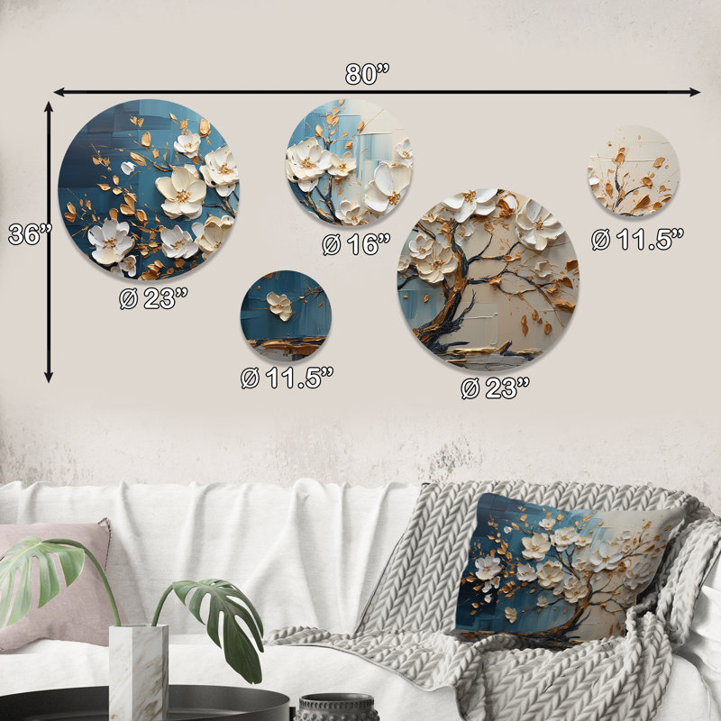 Orchidée bleue et blanche Golden Of Branches III - ensemble d'art mural rond en forme d'arbre de 5