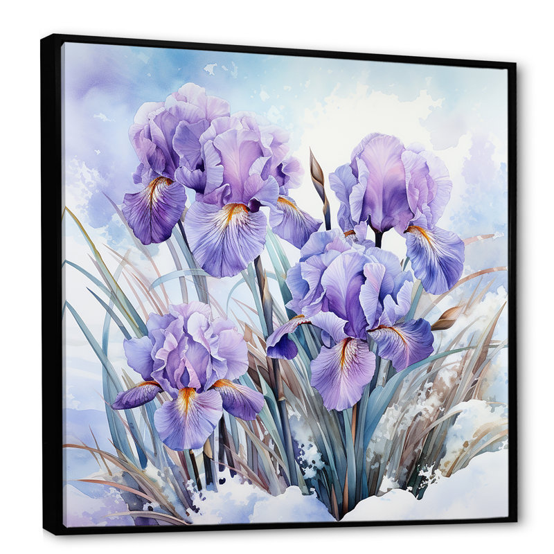 Mauve iris en hiver sur toile, Cadre flottant noir, 30" H x 30" W