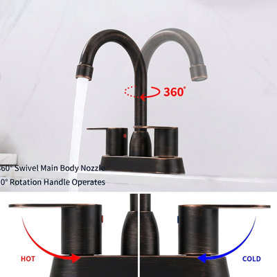 Robinet de lavabo de salle de bain à 4 poignées à 2 poignées avec finition bronze huilé, bec pivotant à 360 degrés, surface, peu d'entretien, économiseur d'eau pour meuble-lavabo, égouttement à arc élevé, facile à nettoyer et à installer, économise