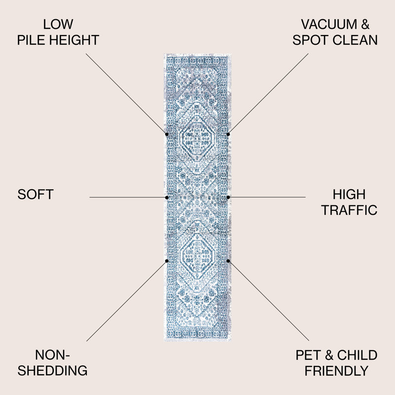 Boho Cottage Medallion Blue/White Rug, Runner 2' x 8'