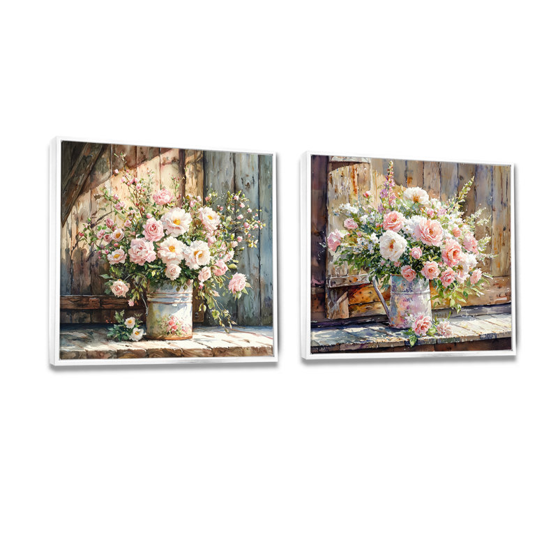 Bouquet de roses Summer Blush At The Barn I - Roses, décoration murale - art mural moderne 2 pièces, H 30 po x l 61 po, Blanc