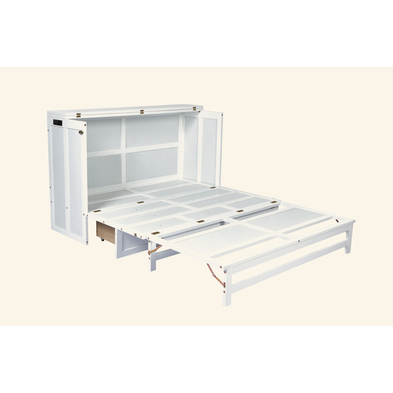 Armoire lit escamotable Murphy avec tiroir de rangement et station de charge, port USB, cadre de lit escamotable en pin massif pour bureau à domicile, studio ou chambre d'amis, blanc