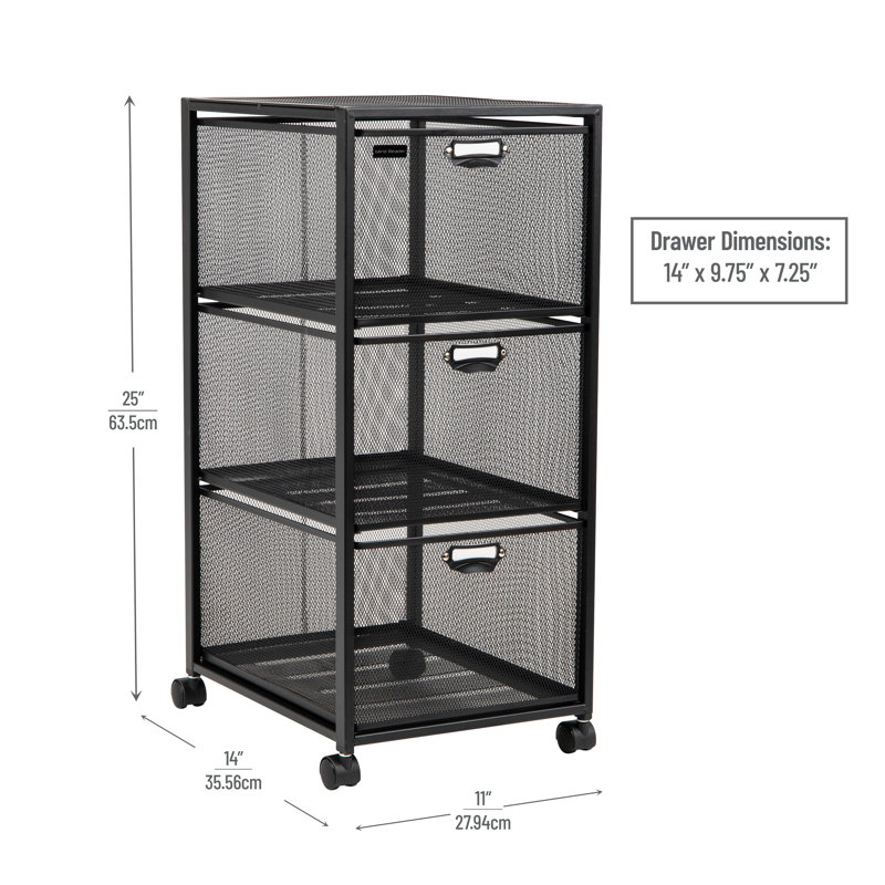 Minimalist Black Metal-Mesh 3-Drawer Mobile Storage Trolley