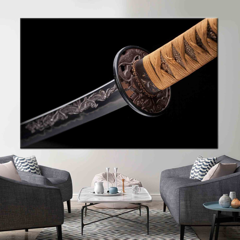 Art abstrait épée de samouraï sur toile de coton pour une décoration intérieure moderne, H 39 po x l 93 po, Toile tendue