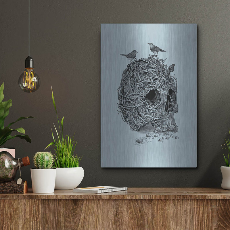 «Skull Nest», art mural en métal, H 16 po x l 12 po