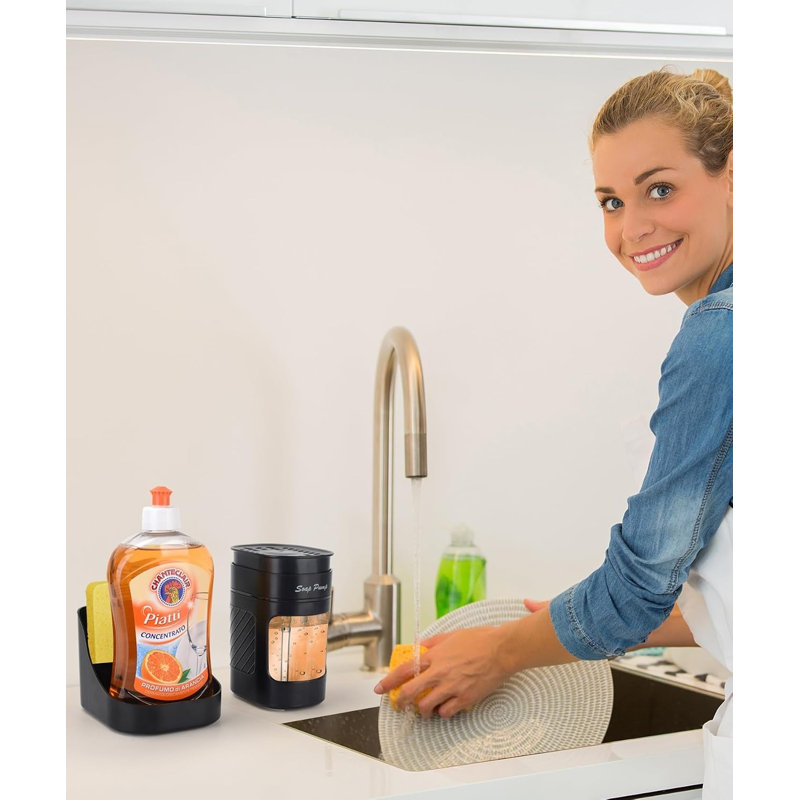 Distributeur de savon de cuisine 411 ml, ensemble 3 en 1 avec porte-éponge et bac à savon, ABS sans BPA, plateau anti-fuites amovible et éponge en bois.