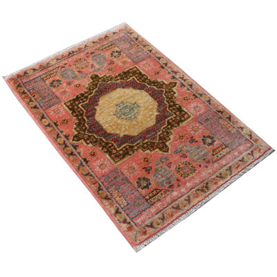 Handgefertigter Teppich Condrey aus Wolle in Orange/Beige/Schwarz