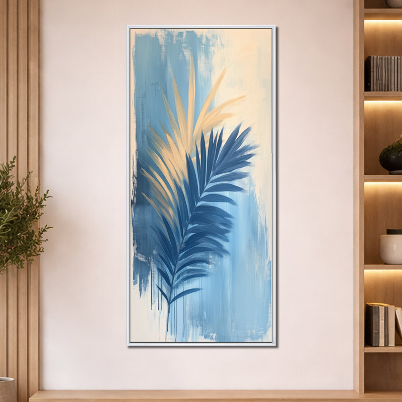 Silhouette de palmier bleu - Décoration murale sur toile avec feuilles tropicales, H 60 po x l 28 po, Cadre flottant blanc