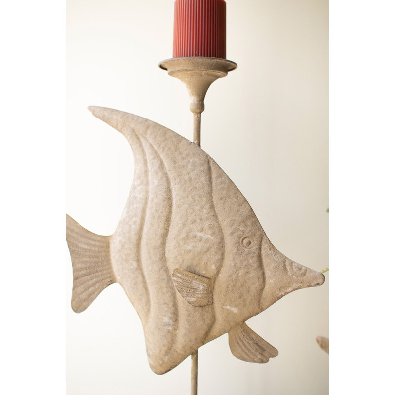  Set of Two Fish Taper Candle Holders, Distressed Metal Coastal Table Decor, Green Finish
