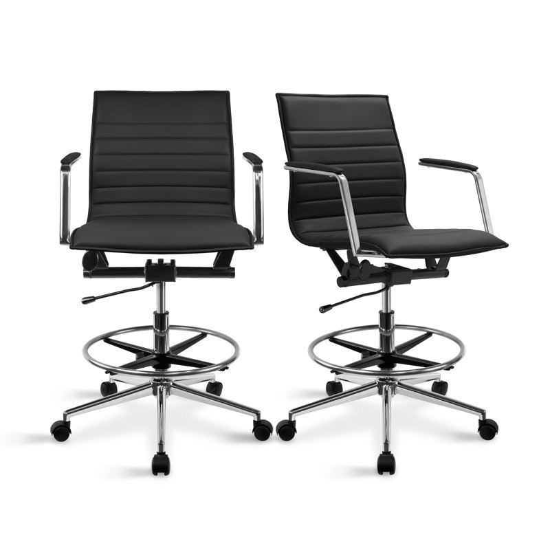Set of 2 Modern Drafting Chair | Upholstered PU Leather Ribbed Mid Back with Tall Adjustable Base & Leg Rest Swivel, Home, Executive, Conference, Meetings, Armless, No Arms, With Arms