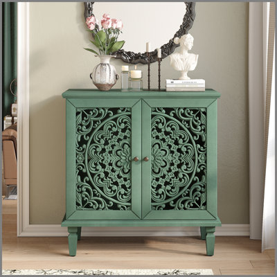 Commode d'appoint rétro sculptée, buffet de rangement à 2 portes avec motif floral symétrique, tablette réglable et pieds en bois massif pour le vestibule du salon (vert antique)
