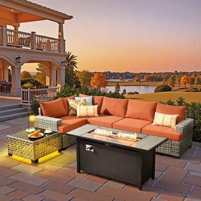 5-person  Outdoor Sectional With Cushions,led Coffee Table And Fire Pit,all-weather Wicker Patio Set