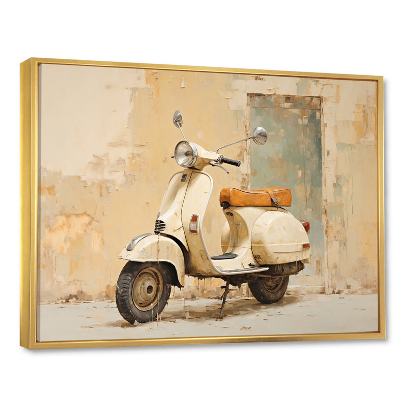 Vintage Scooter Adventures sur impression sur toile, H 16 po x l 32 po x P 1 po, Cadre flottant doré