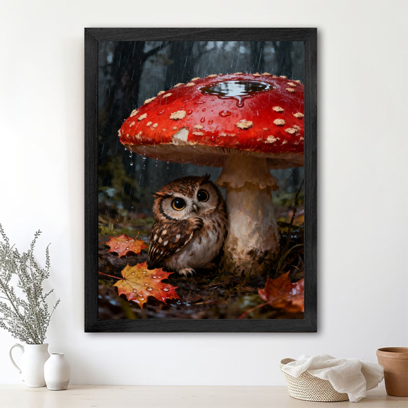 Art encadré noir Un hibou mignon se cachant sous la pluie sous des champignons rouges, impressions sur toile de style rétro