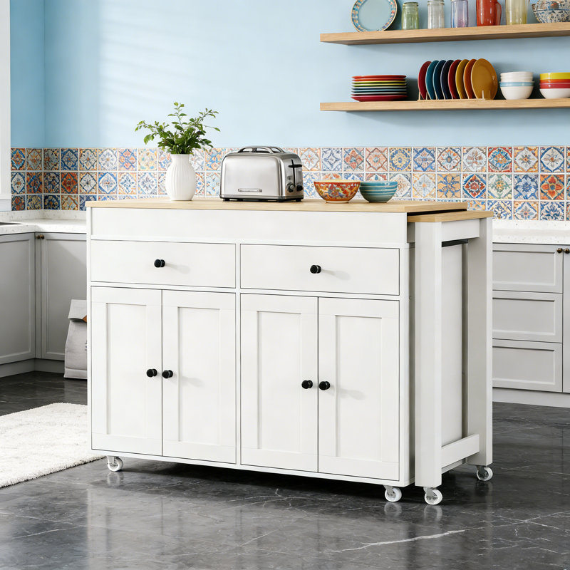 Îlot de cuisine de 74,5 pouces avec table de salle à manger extensible, rangement spacieux et roues verrouillables pour une utilisation flexible.