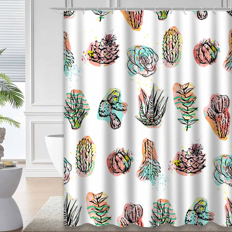 Abstract Succulent Cactus Plants White Graphic Shower Curtain with 12 Hooks, 72" L x 84" W