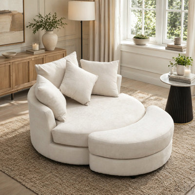 Fauteuil demi-tonneau pivotant à 360 ° avec repose-pieds et coussins de rangement
