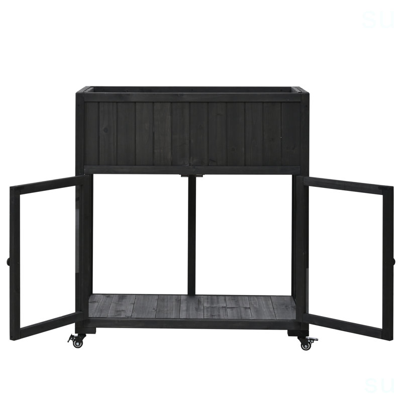 TOPMAX Patio 35.4''X17.7''X37.4'' Mini Wood Cold Frame, Compact 2 Doors Garden Greenhouse With Wheels, Raised Bed With Liner For Indoor Outdoor Use