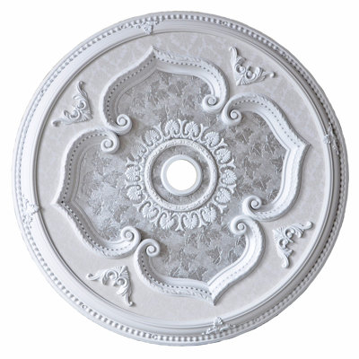 Round 43" Classic White Ceiling Medallion Silver Leaves Motif