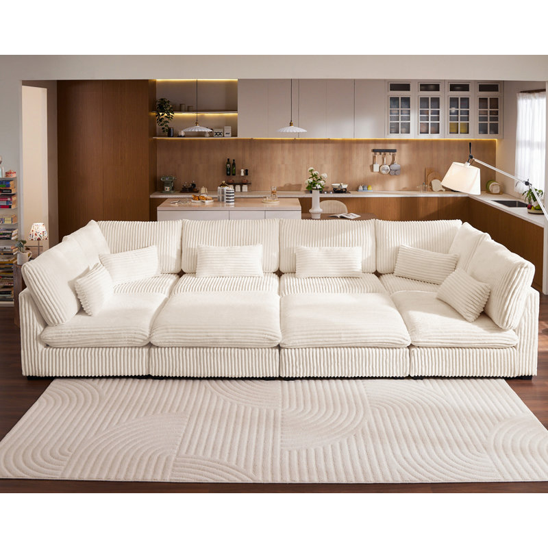 160" Oversized Modular Sectional, Cloud Corduroy Sofa Wide Deep Seat Couch, 5 Seater Large Sleeper Bed Plush Cushion with Convertible Ottoman Chaise for Lounge Modern Furniture Sets