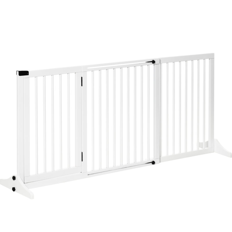 Barrière en bois pour animaux Autoportante, réglable de 44,5 po à 63,92 po. 3 panneaux, porte verrouillable, barrière. Blanc. Pour le couloir, la porte, l'entrée. Barrière de conception autoportante. Panneaux avec et porte. Hall d'entrée