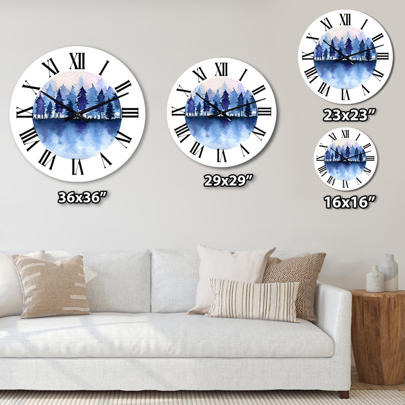 Horloge murale traditionnelle forêt d'épinettes bleu foncé et ciel rose, Petit