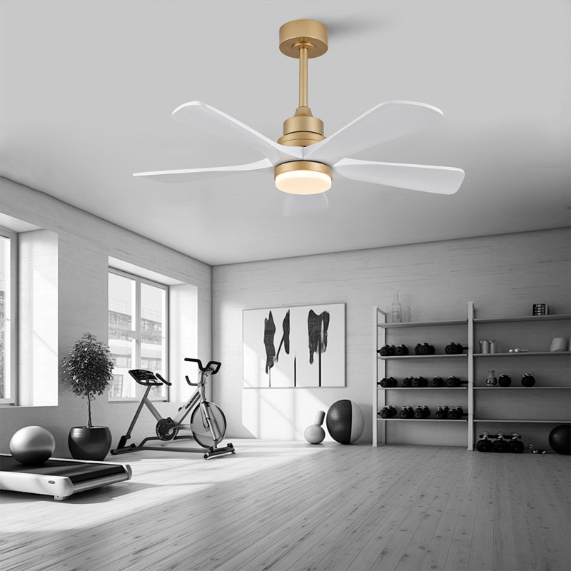Ventilateur de plafond intérieur 42 pouces avec lumière à DEL à intensité variable et 5 pales en bois massif, Doré, Blanc