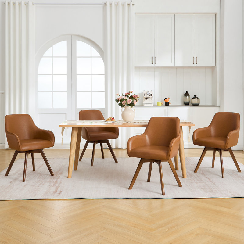 Advika 4.3" Thick Sponge Cushioned Seat, Mid-Century Modern Swivel Dining Chair, 360° Rotating Upholstered Armchair With PU Leather, Beech Wood Legs, Ergonomic High Back & Armrests, Comfortable Accent Chair