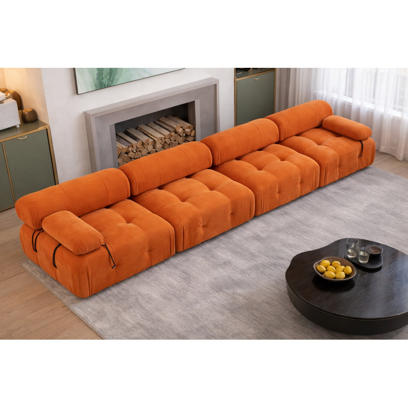 Canapé modulaire rembourré 4 places en velours moelleux avec dossier détachable et accoudoirs Mario Bellini, Orange