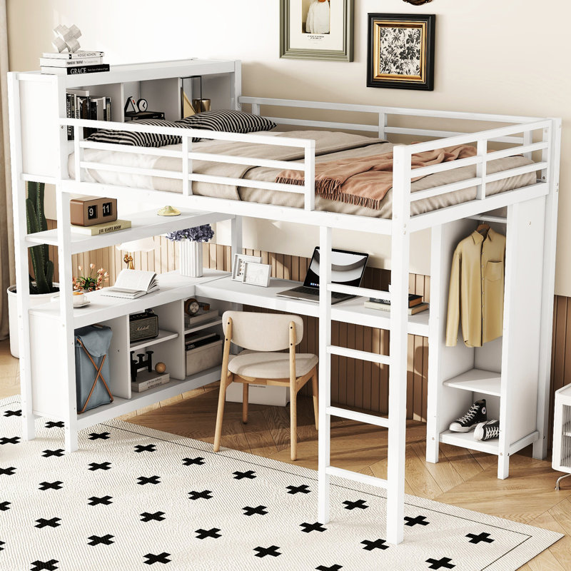 Lit mezzanine en métal robuste avec garde-robe élégante, bureau et rangement, espace confortable blanc, Blanc cassé