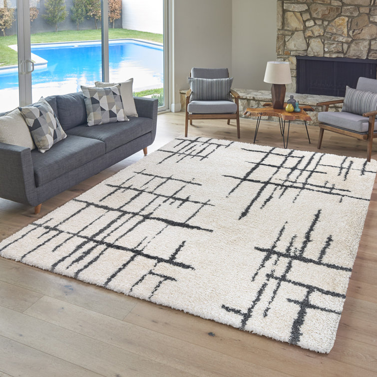 Ultimate Shag Modern Abstract Lines Ivory Black Polypropylene Thick Plush Shag Area Rug