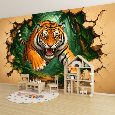 Papier peint adhésif pelez et collez, tigre féroce, jungle, mur cassé, vibrant, rayures noires et orange, art mural auto-adhésif et amovible