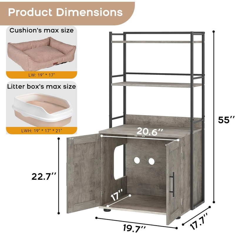 Enceinte de litière cachée grise 2-en-1 pour chat avec étagère de rangement pour la plupart des bacs à litière, Gris cendre