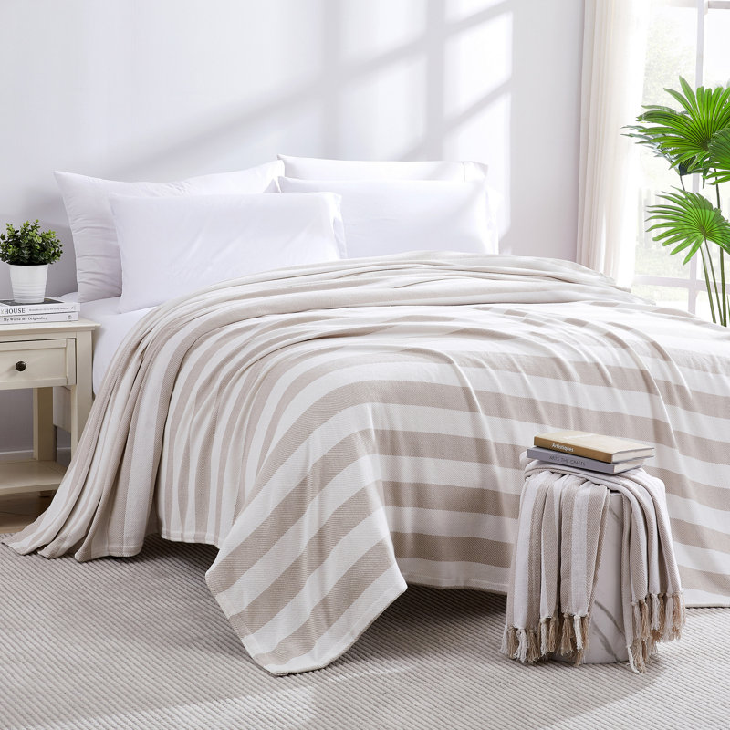 Southshore Fine Linens 100% Cotton Stripe Blanket and throws, 66" x 90", Off White/Taupe