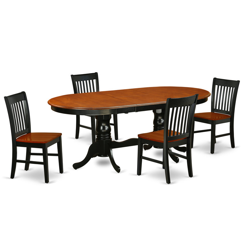 Ensemble de table de salle à manger 5 pièces moderne comprenant une table ovale en bois avec rallonge papillon et 4 chaises de cuisine, noir et cerise